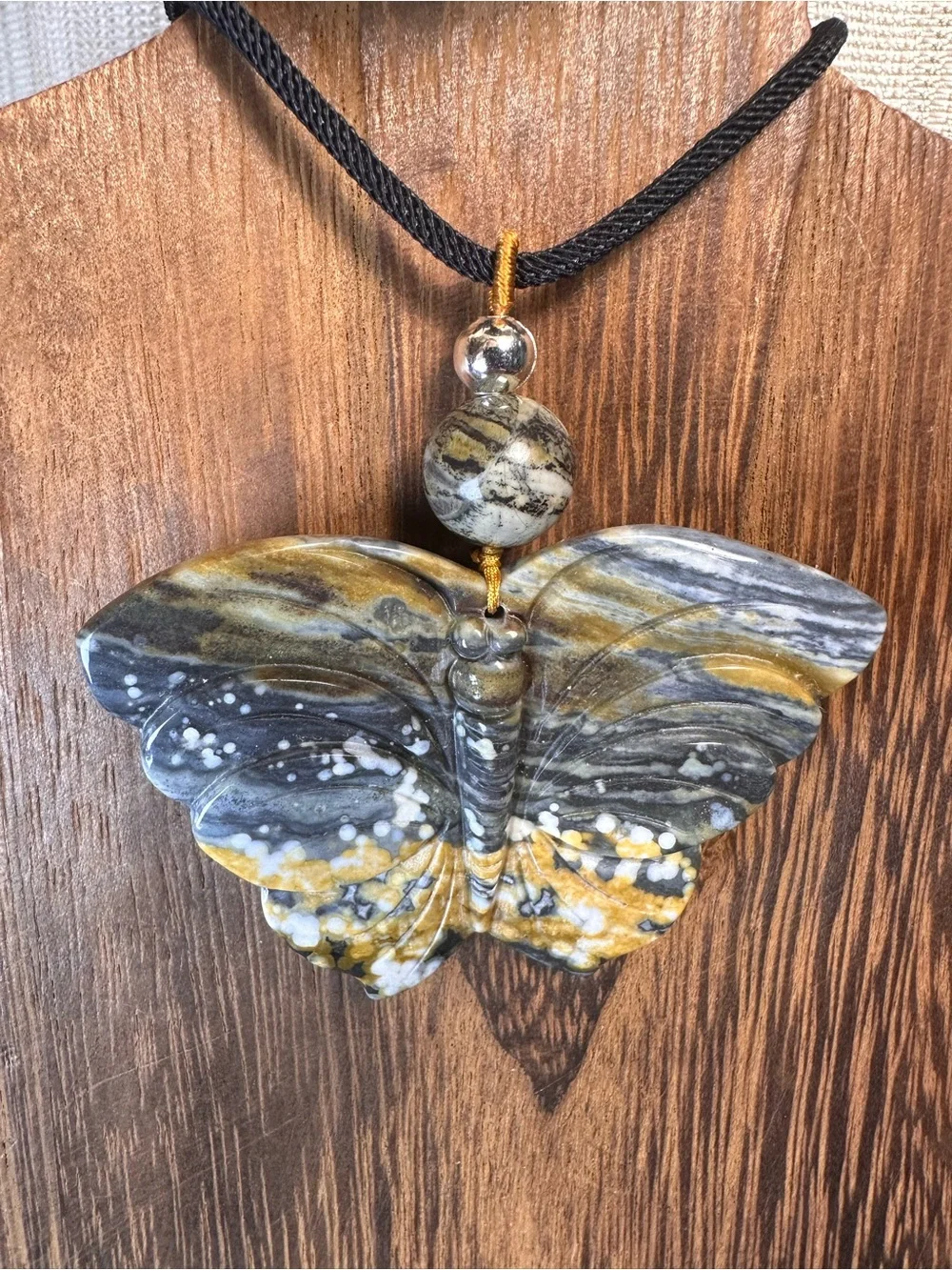 Handcrafted Ocean Jasper Butterfly Pendant Necklace-Green & Gold on Black Rope